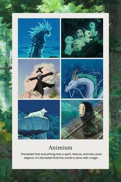 an anime poster with images of people and animals in the background, including two men