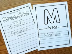 two letter m worksheets on a wooden table with the word m in black and white