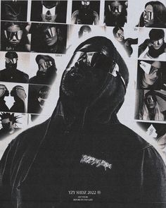 a black and white photo of a person wearing a hoodie in front of many photos