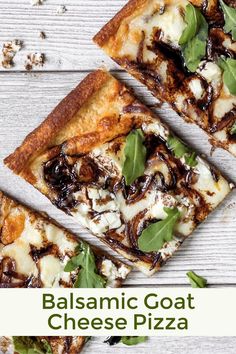 three slices of balsamic goat cheese pizza sitting on top of a wooden table