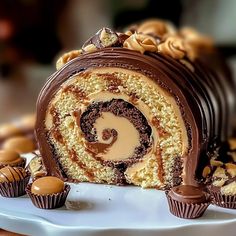 there is a cake with chocolate and nuts on the plate