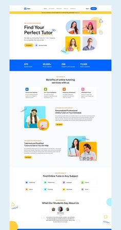 Website design Online Tutor Website Design, Website Landing Page Inspiration, One Page Landing Page Design, Tutoring Website Design, Colorful Landing Page, Tutor Website Design, Website Design Homepage, Website Page Layout, Landing Pages Inspiration