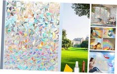 there are many different pictures in this collage, including the rainbow colored window panes