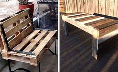 two pictures side by side one has a bench and the other has a table made out of pallets