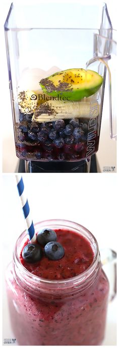 two pictures of blueberries and bananas in a blender, one with an avocado on top