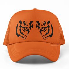 New Hat. For Men Or Women. Tiger Eyes Graphic Foam Trucker Hat In Orange. Lightweight Poly-Foam Trucker Cap With Mesh Back Curved Bill Visor For Optimal Shading Adjustable Plastic Snap Strap Rope Braid Detail Adult Unisex One Size Fits Head Circumferences Up To 60cm Style Tags # Animal Face Hunter Prowl Jungle Big Cat Bengal Siberian Tiger Stripes Black Print Baseball Hat Cap Vacation Travel Hot Weather Guys Mens Womens Teens Casual Outdoors Original Custom Cool Unique Handmade Trendy Active Sol Eyes Graphic, Cat Bengal, Tiger Eyes, Rope Braid, Siberian Tiger, Aesthetic Inspiration, Hat For Men, Spirit Wear, Tiger Stripes