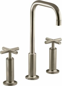 two faucets with cross handles and nozzles on the sides, both in brushed steel