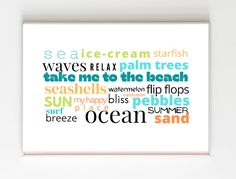 a white frame with words written in different colors on it and the word ocean below