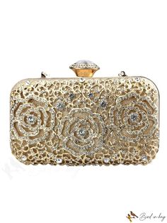 BirdinBag - Bolso de mano con incrustaciones de diamantes y estampado de rosas - Tamaño mini, perfecto para el baile de graduación Gold Bag, Rose Pattern, Square Bag, Hard Case, Evening Bags, Free Gifts, 20 Cm, Clutch Bag, Bag Lady