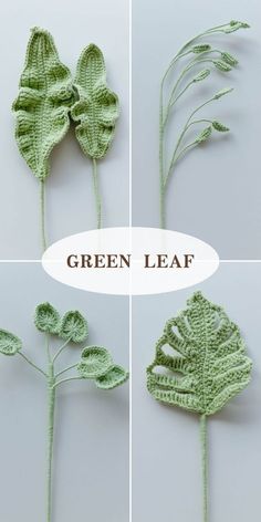 crocheted leaves are shown in four different ways