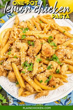 one pot lemon chicken pasta on a white plate