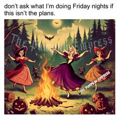 three witches dancing around a fire in the woods