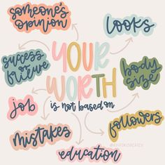 the words are drawn in different colors and shapes, including one that says you're worth