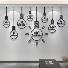 a wall mounted clock with different types of light bulbs hanging from it's sides