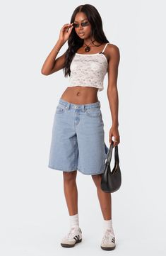 Perfectly baggy and nonchalant, these nonstretch-denim shorts exude throwback style with utility pockets and a superlow-rise waist. 100% cotton Hand wash, dry flat Imported Bermuda Shorts Outfit, Campus 00, Long Jean Shorts, Long Denim Shorts, 00s Style, Aesthetic Baby, Denim Shorts Outfit, Carpenter Shorts, Shorts Outfits Women