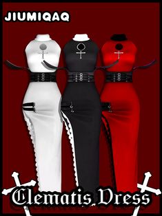 three different colored dresses with black, white and red trimmings on the sides