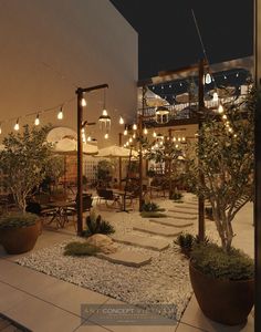 an outdoor patio with potted plants and lights strung from the ceiling, along with stone steps leading up to seating areas