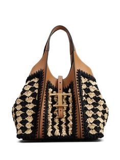 black/light beige/caramel brown calf leather raffia calf leather colour-block panelled design crochet panelling gold-tone logo plaque two flat top handles strap fastening main compartment removable pouch metal feet Tods Bag, Crochet Shop, Crochet Tote Bag, Crochet Tote, Shopping Tote Bag, Womens Purses, Shopping Tote, Pouch Bag, Crochet Designs