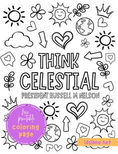 a coloring page with the words think gelestal in black and white, surrounded by doo