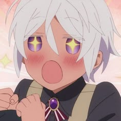 an anime character with white hair and purple eyes, holding his hand to his chest