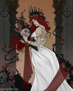 a drawing of a woman with red hair holding a skull in front of her face