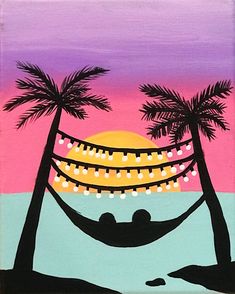 a painting of a hammock between two palm trees on a beach at sunset