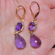 14k micro faceted amethyst tear drop elongated lever back earrings vintage gorgeous pair of elongated 14k gold micro faceted african amethyst tear drop lever backswith oval drops quality faceted tear drop amethyst 25 ctw total / 5.5 grams length & diameter of tear drops: 17 mm x 10 mm in widest area including loop from top to bottom 47 mm... length of drops alone: 17mm including loop / noticeable.... gorgeous amethyst drops you will love wearing it. Tear Drops, Leverback Earrings, Pearl Stud Earrings, Earrings Vintage, Dream Jewelry, Pearl Studs, Tear Drop, Cute Earrings, Vintage Earrings