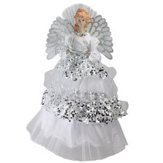 a white angel ornament with silver sequins