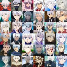 many different anime characters with white hair and blue eyes, all looking at the camera