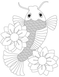 a black and white drawing of a fish with flowers in it's beaks