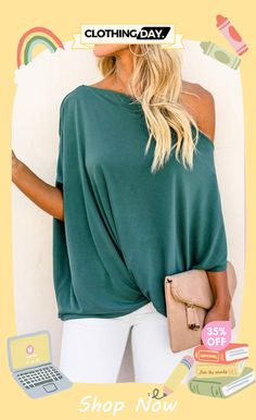 Greece Off Shoulder Casual Blouse Top Solid Color Stretch Blouse For Day Out, Stretch Solid Color Blouse For Day Out, Green Tops For Day Out, Versatile Solid Color Tops For Day Out, Green Top For Day Out, Long Cardigan Coat, Batwing Sleeve Top, Photo Sleeve, Chic Shirts