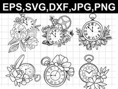 four different clocks with flowers and leaves on them