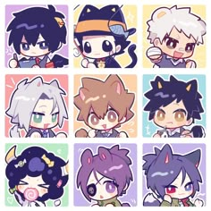 six different anime characters with their faces drawn in various styles and colors, all wearing cat ears