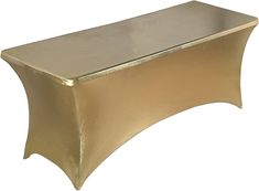 a gold colored table cloth on top of a metal shelf with one side folded down