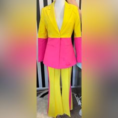 Beautiful And Vibrant Yellow And Hot Pink Pant Suit. New With Tags - Price Is Firm! This Is Brand New From My Boutique Size Medium & Xl Available Medium - Bust 39”, Waist 28”, Hip 37” Xl - Bust 42”, Waist 31”, Hip 40” Fitted Multicolor Pantsuit For Workwear, Yellow Stretch Sets For Party, Yellow Spring Pantsuit For Workwear, Yellow Spring Pantsuit For Work, Spring Yellow Pantsuit For Workwear, Yellow Pantsuit For Spring Workwear, Trendy Yellow Party Sets, Yellow Pants For Spring Party, Chic Yellow Fitted Pantsuit