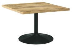 a square wooden table with black metal base