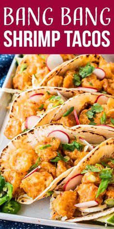 the recipe for bang bang shrimp tacos is shown on a white plate