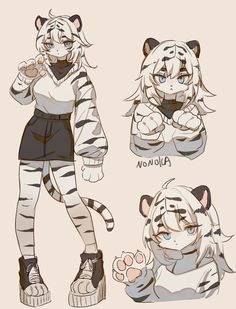 some kind of cartoon character with different poses and hair colors, including the tiger's head