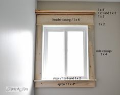 a window with measurements for the size and width of it in front of a white wall