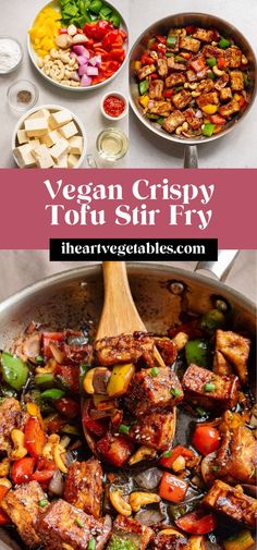 vegan crispy tofu stir fry in a pan with vegetables and meats