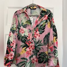 Very Pretty Zara Floral Print Shirt Bnwt Has Buttons On Half Of The Shirt In This Golden Color Print Is Vivid And Colorful Shirt Is A Little Bigger Than Size Make Me An Offer Or Ask Me A Question! Vacation Long Sleeve Shirt With Floral Print, Long Sleeve Floral Print Shirt For Vacation, Long Sleeve Shirt With Tropical Print For Spring, Feminine Pink Shirt For Summer, Feminine Pink Summer Shirt, Pink Long Sleeve Beach Shirt, Long Sleeve Pink Shirt For The Beach, Printed Pink V-neck Shirt, Pink V-neck Vacation Shirt