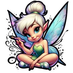 a cartoon tinkerbell sitting on the ground with a pen in her hand and looking at