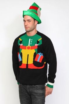 a man wearing an ugly christmas sweater and hat