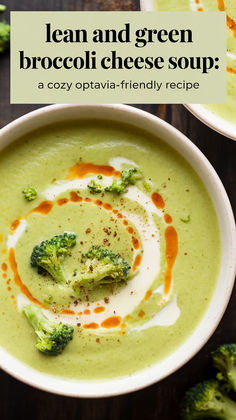 broccoli cheese soup in a white bowl with text overlay that reads, lean and green broccoli cheese soup