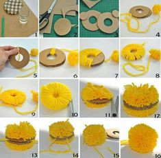 step by step instructions on how to make an adorable yellow flower with yarn and scissors