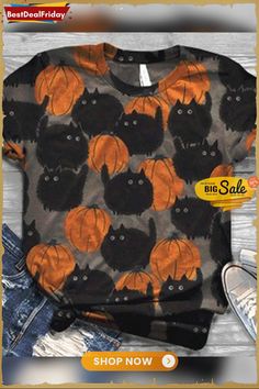 Women 5 Pattern Type Halloween Cat&pumpkin Short Sleeve T-shirts White Cat Print T-shirt For Fall, Halloween Cat Print Graphic Tee, Casual Halloween Cat Design T-shirt, Short Sleeve T-shirt With Cat Print For Halloween, Spooky Cotton T-shirt With Cat Print, Fashion Themes, Cat Pumpkin, Loungewear Set, Printed Sleeves