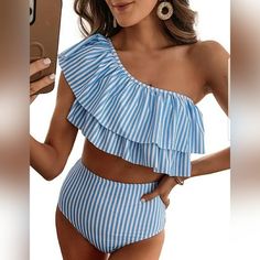 About This Itemthis Cute 2 Piece Swimsuit Features One Shoulder Design And Double Ruffles Shape You Into The Most Adorable Girl On The Beach.High Waisted Tummy Control Bottom Fully Covered Your Belly, And Appropriately Lift Your Hip.Suitable For Summer Beach Time, Swimming, Pool Party, Spa, Solarium And Vacations. Wearing As A Cute Bikini Set, Or As A Chic Crop Top With High Waisted Shorts Or Skirts, You'll Be The Sweetest One.Fabric&Size85% Polyester And 15% Spandex. Stretchy Material Two Piece Bathing Suits, One Shoulder Swimsuit, Swimsuits For Women, Perfect Swimsuit, Striped Swimsuit, 2 Piece Swimsuits, Cute Swimsuits, Cute Bikinis, High Waist Bottoms