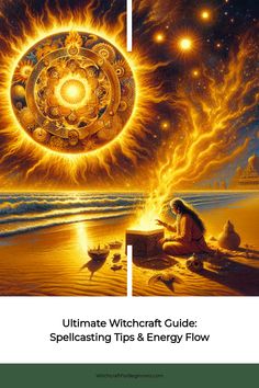 Mystical scene with a glowing sun symbol and a person performing a ritual by the sea. Elemental Magic, Witchcraft For Beginners, Mystical World, Love Spells, Beginners Guide, Spiritual Growth