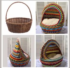 three different pictures of a basket made out of yarn