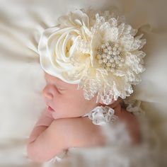 #headband Baptism Headband, Flower Tiara, Baby Hair Accessories, Kids Scarf, Chiffon Flowers, Ivory Flowers, Lace Headbands, Diy Headband